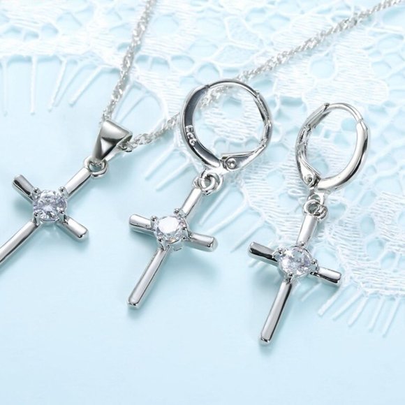 Cross Necklace Earrings 925 Sterling Silver Bundle Set - Picture 4 of 8